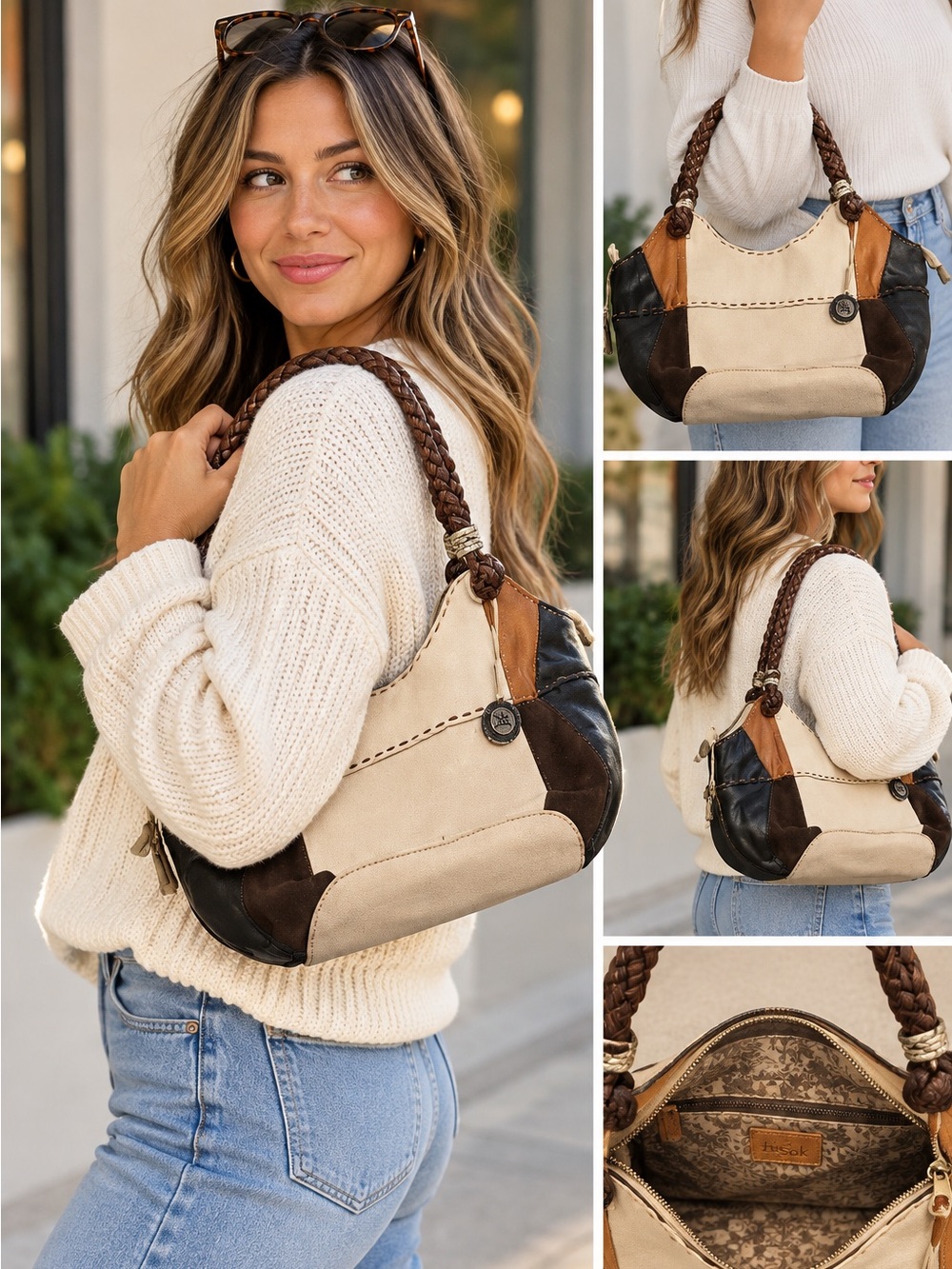 Theโ Sak Leather Patchwork Hobo Bag Braided Handle Whipstitch Boho Multi Color